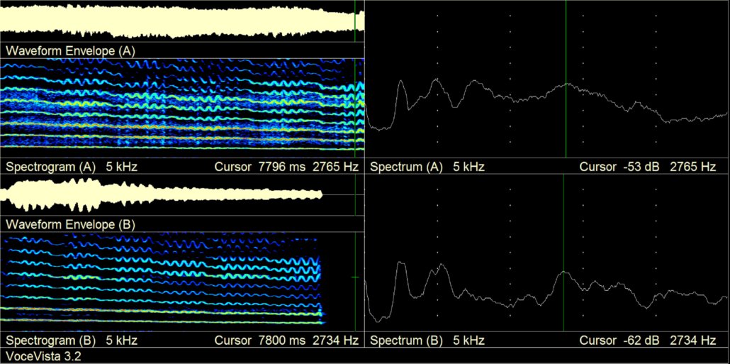 Long-term average spectrum of a sequence of tones sung in voce faringea above and in falsetto below