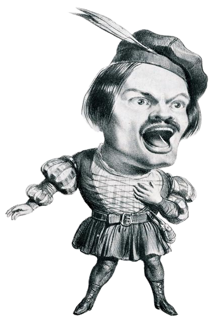 Nineteenth-century caricature of the tenor Gilbert-Louis Duprez as Arnold in Rossini's Guillaume Tell, mouth wide open on a forced top note