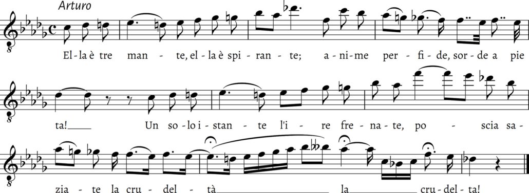 Score excerpt of Arturo's arioso Credeasi misera from Bellini's I Puritani, showing the notated F5